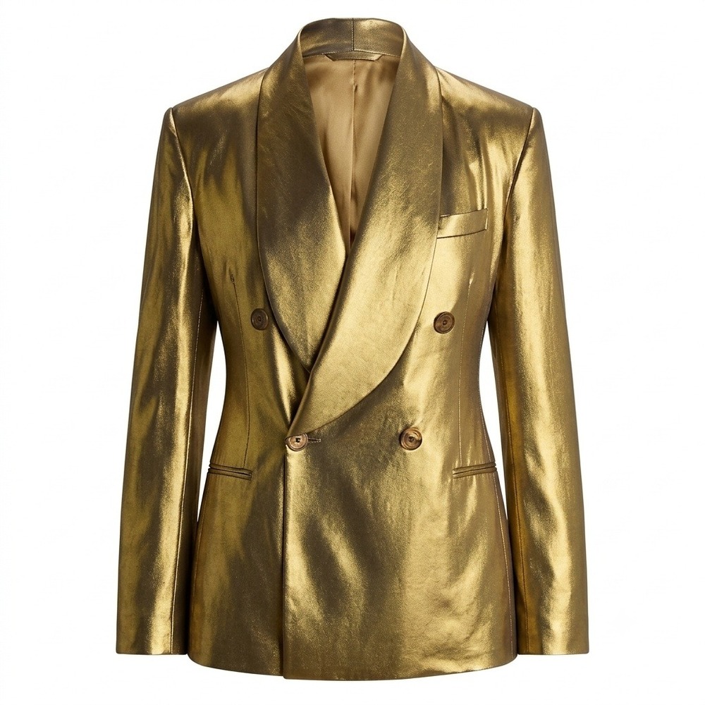 Ralph Lauren Collection Gold Metallic Double Breasted Blazer Shawl Lapel Italy